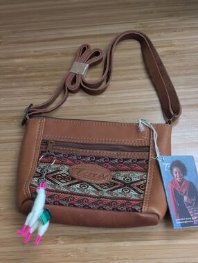 Brown Terra Crossbody Small Bag with Handmade Knit Patterned Front Panel
